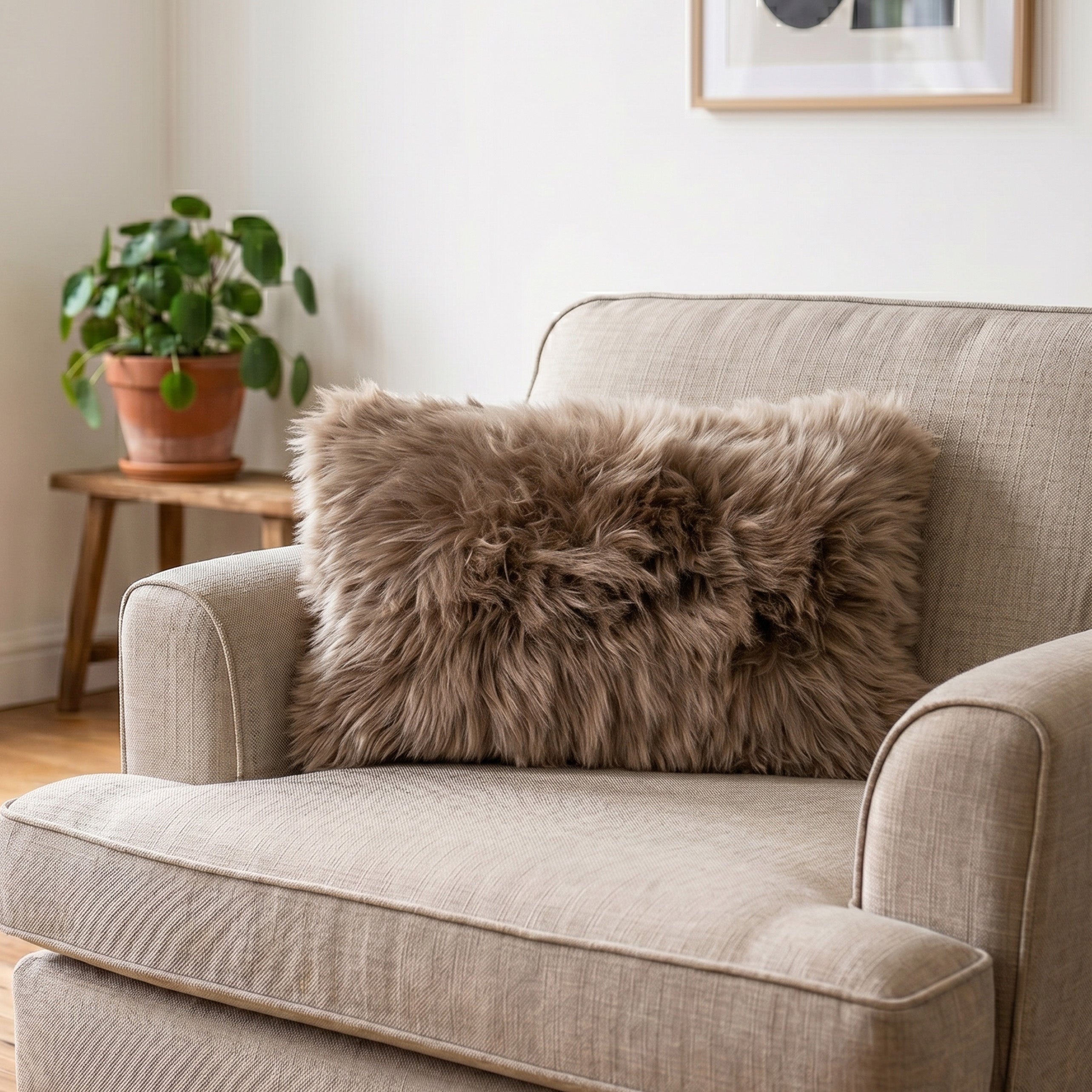 Light Brown Long Hair Sheepskin Cushion 30x50cm