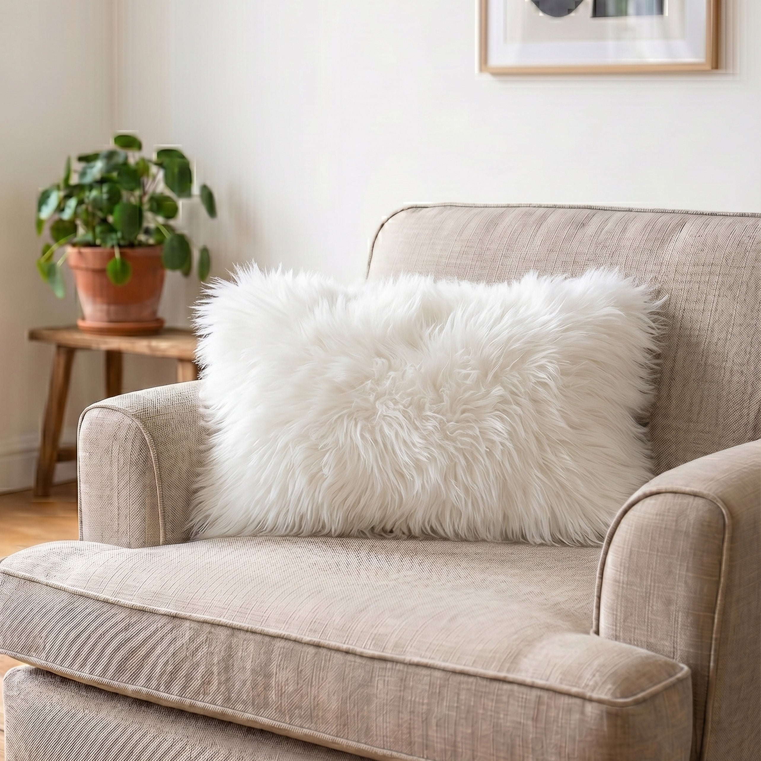 Natural White Long Hair Sheepskin Cushion 30x50cm