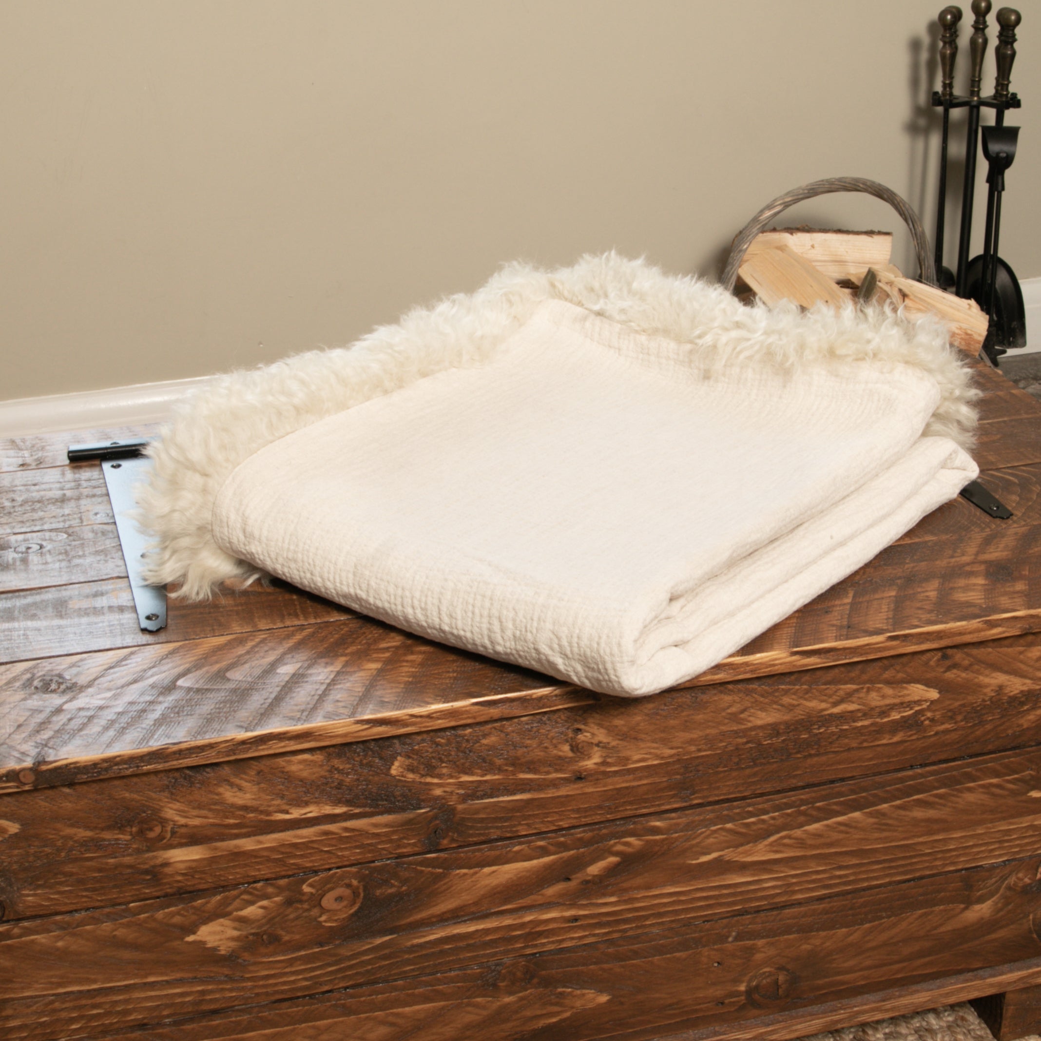 Beige Linen Blanket Sheepskin Trim