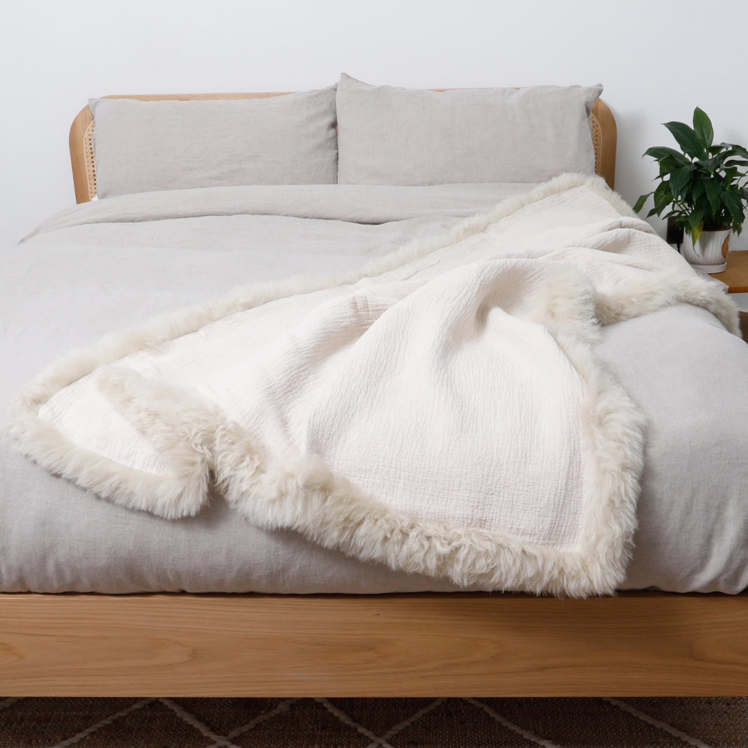 Beige Linen Blanket Sheepskin Trim