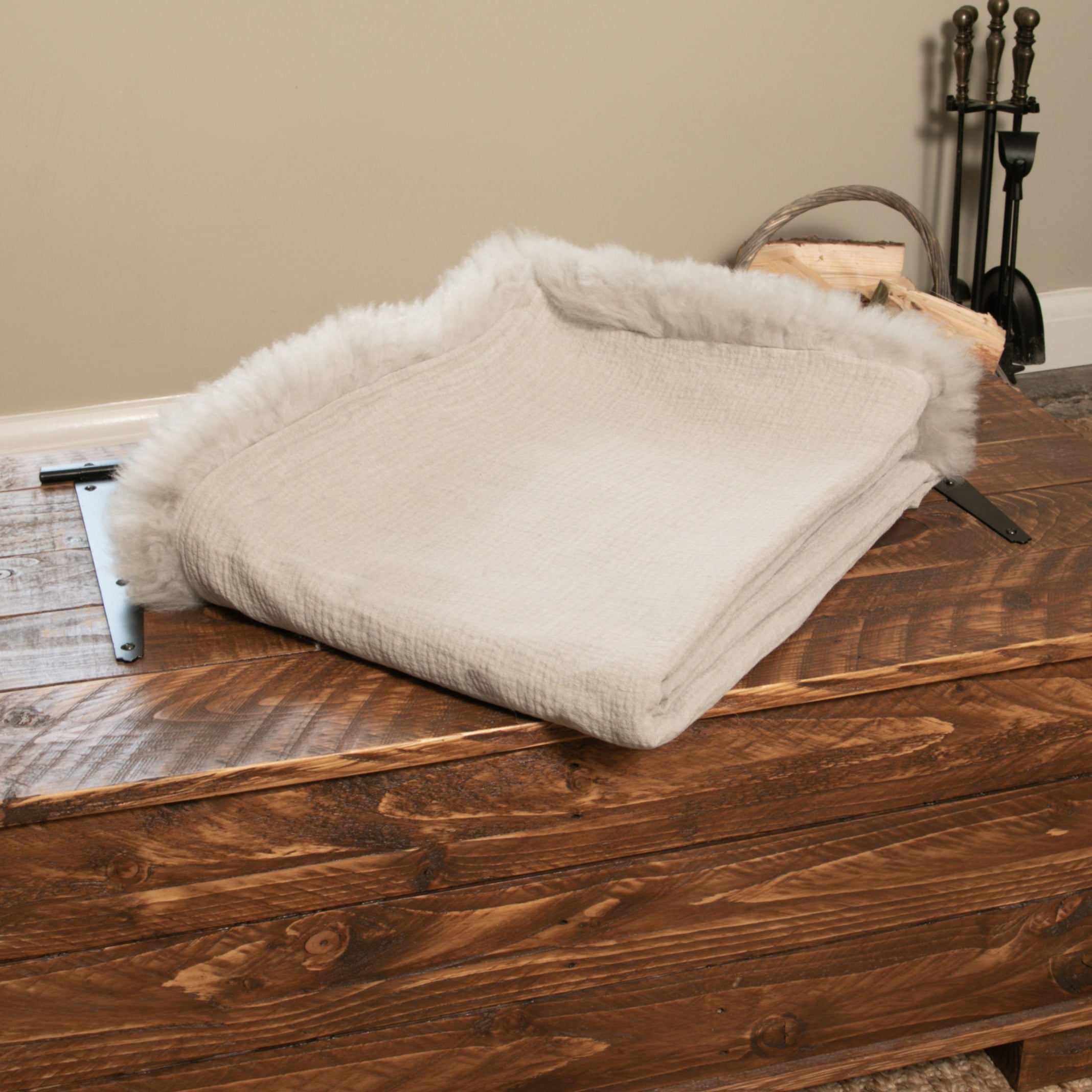 Grey Linen Blanket Sheepskin Trim