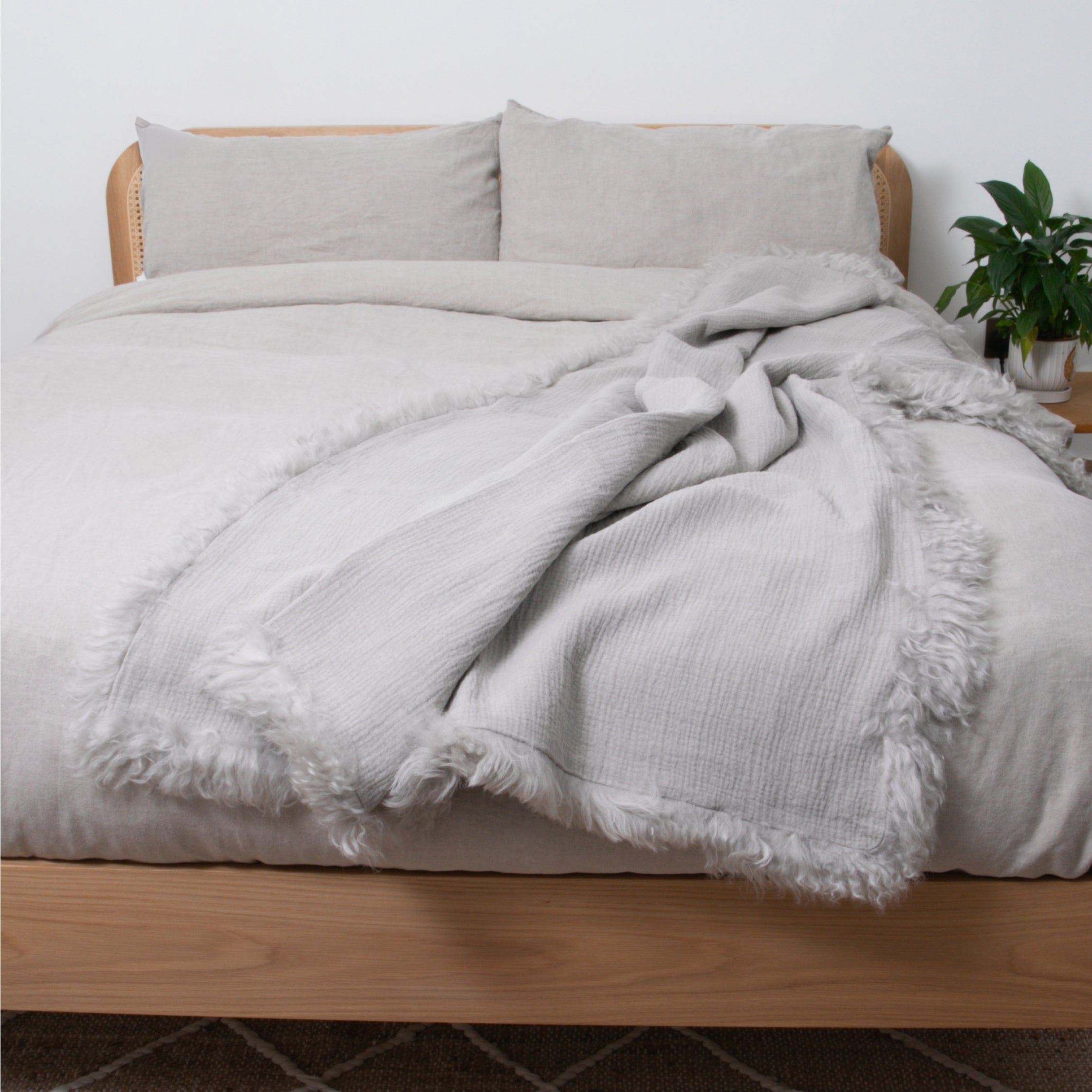 Grey Linen Blanket Sheepskin Trim