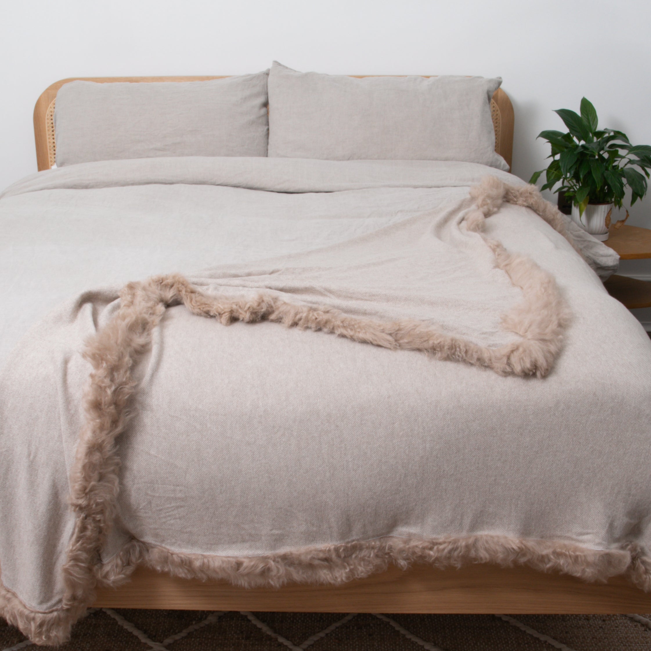 Woven Beige Wool Blanket Sheepskin Trim