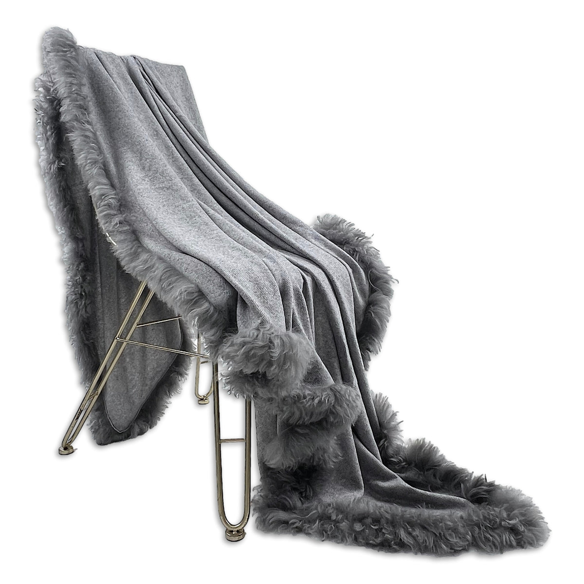 Woven Grey Wool Blanket Sheepskin Trim