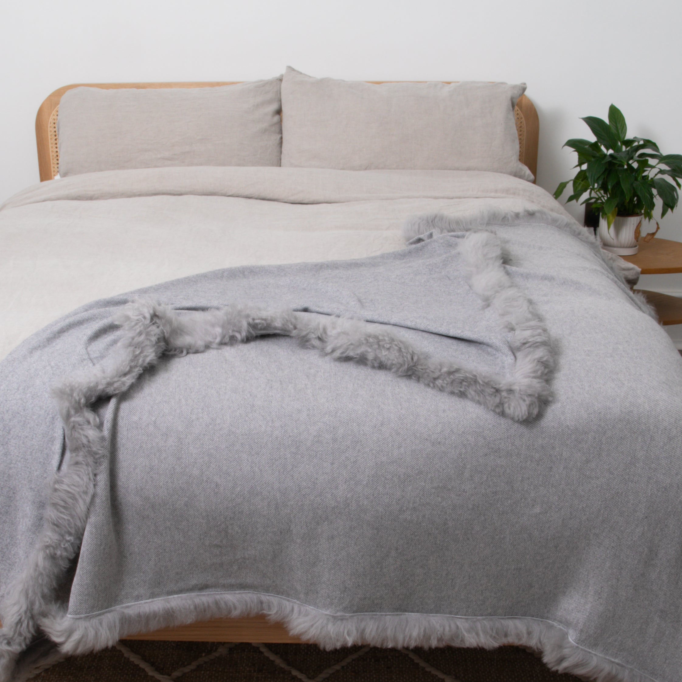 Woven Grey Wool Blanket Sheepskin Trim
