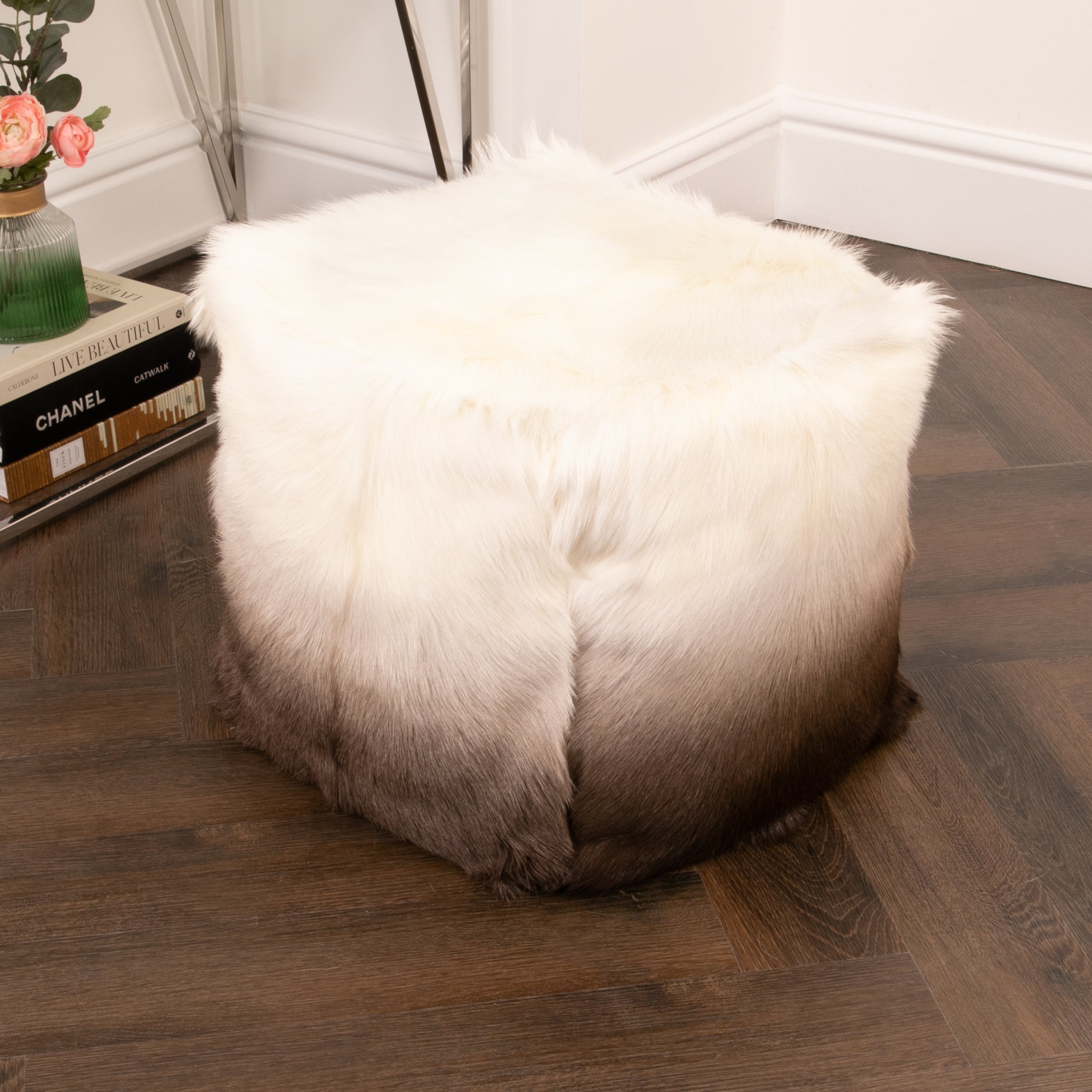 Ivory/Brown Goatskin Ombré Pouf