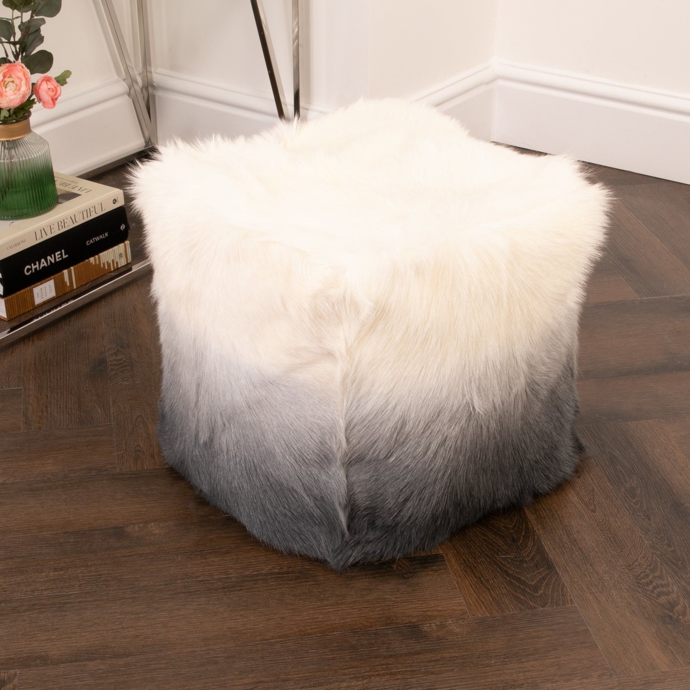 Ivory/Charcoal Goatskin Ombré Pouf
