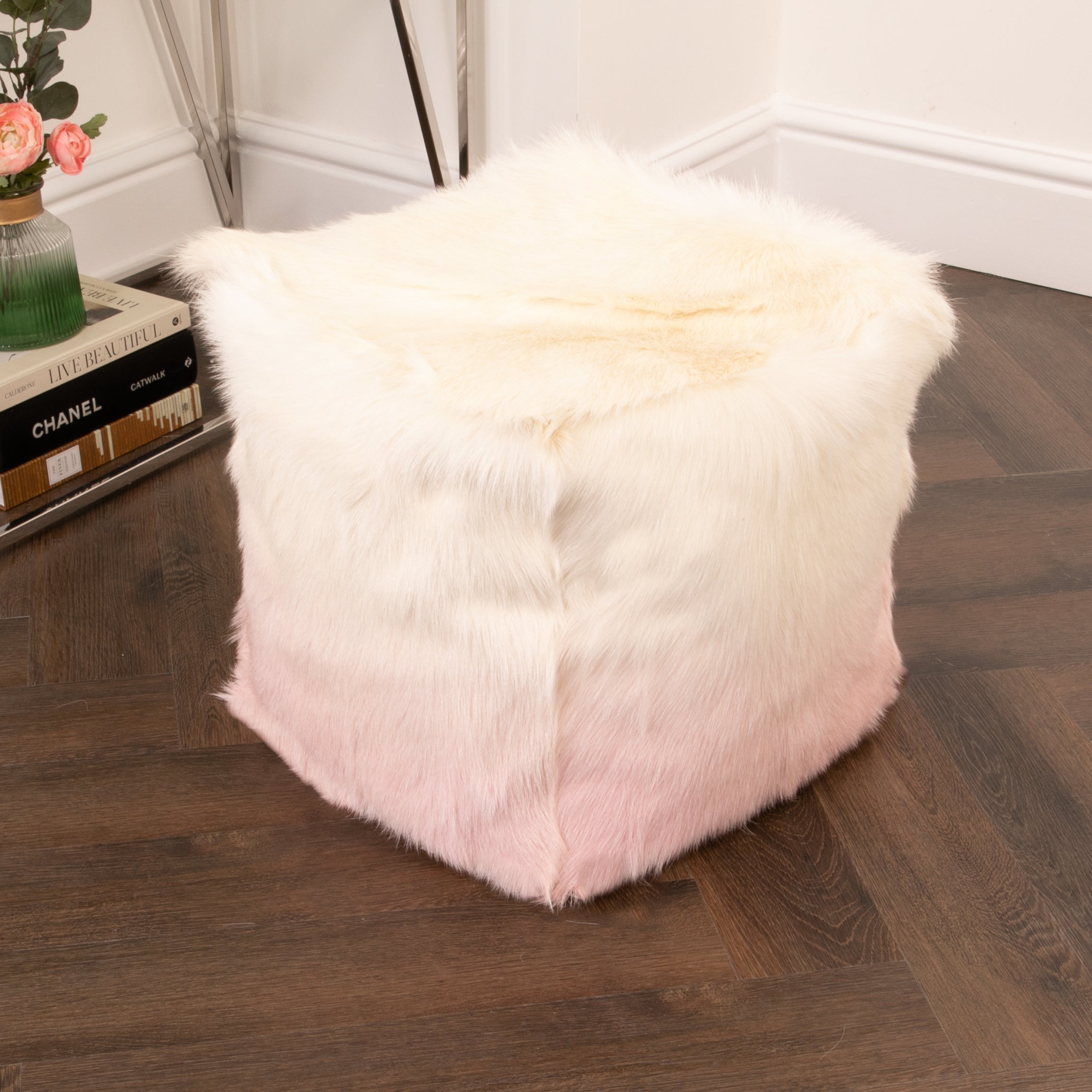 Ivory/Pink Goatskin Ombré Pouf