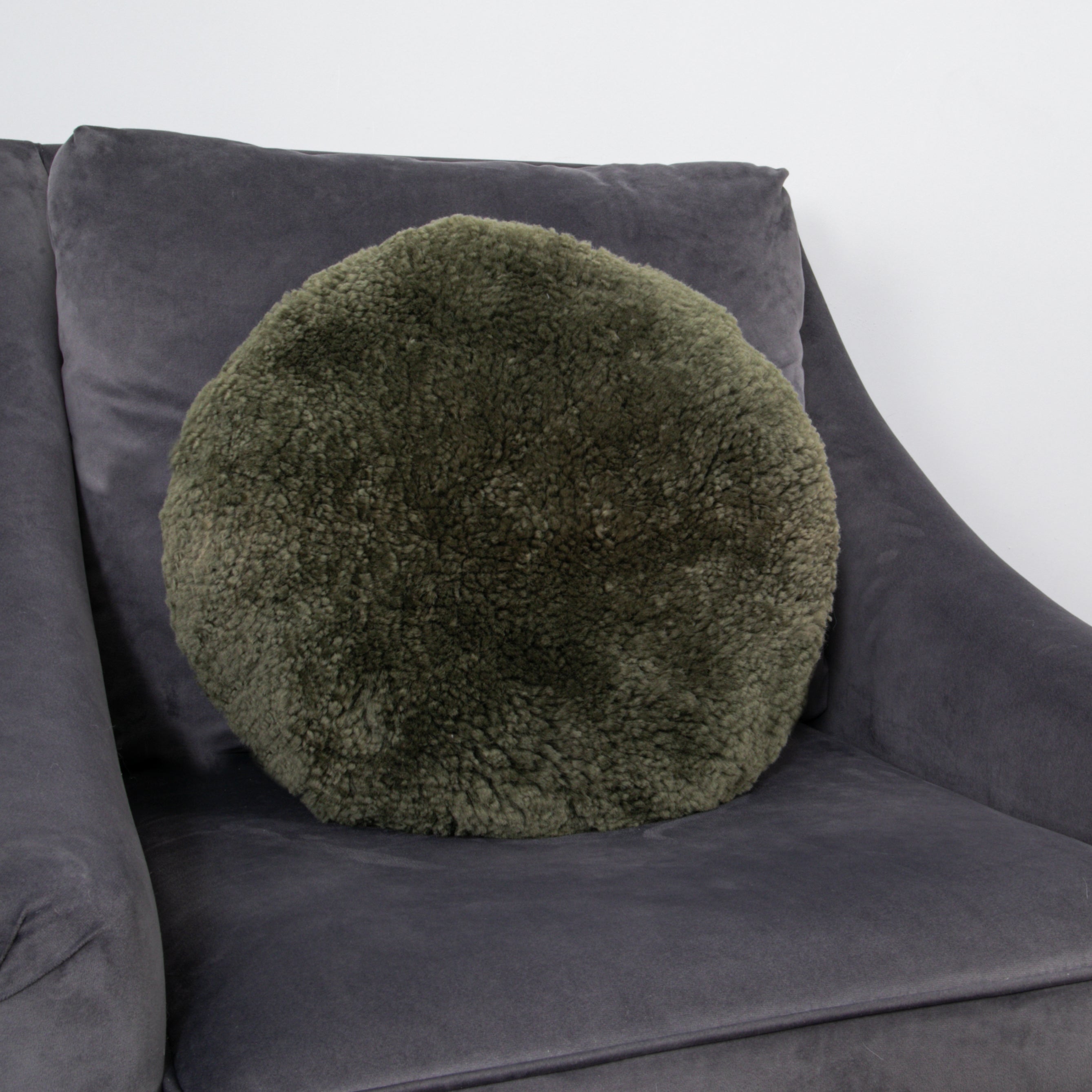 Khaki Round Green Short Pile Sheepskin Cushion