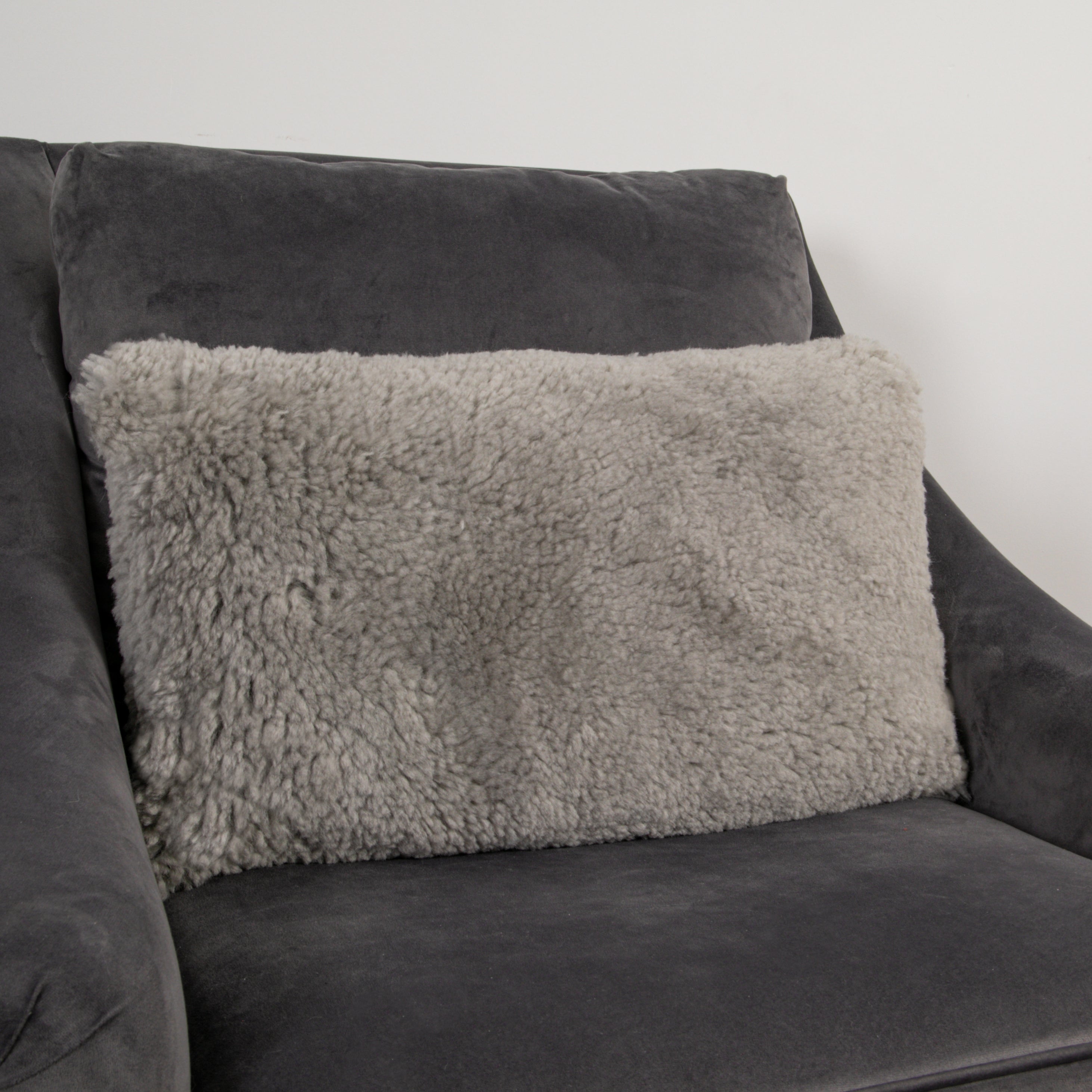 Grey Short Pile Sheepskin Boudoir Cushion - 30x50cm