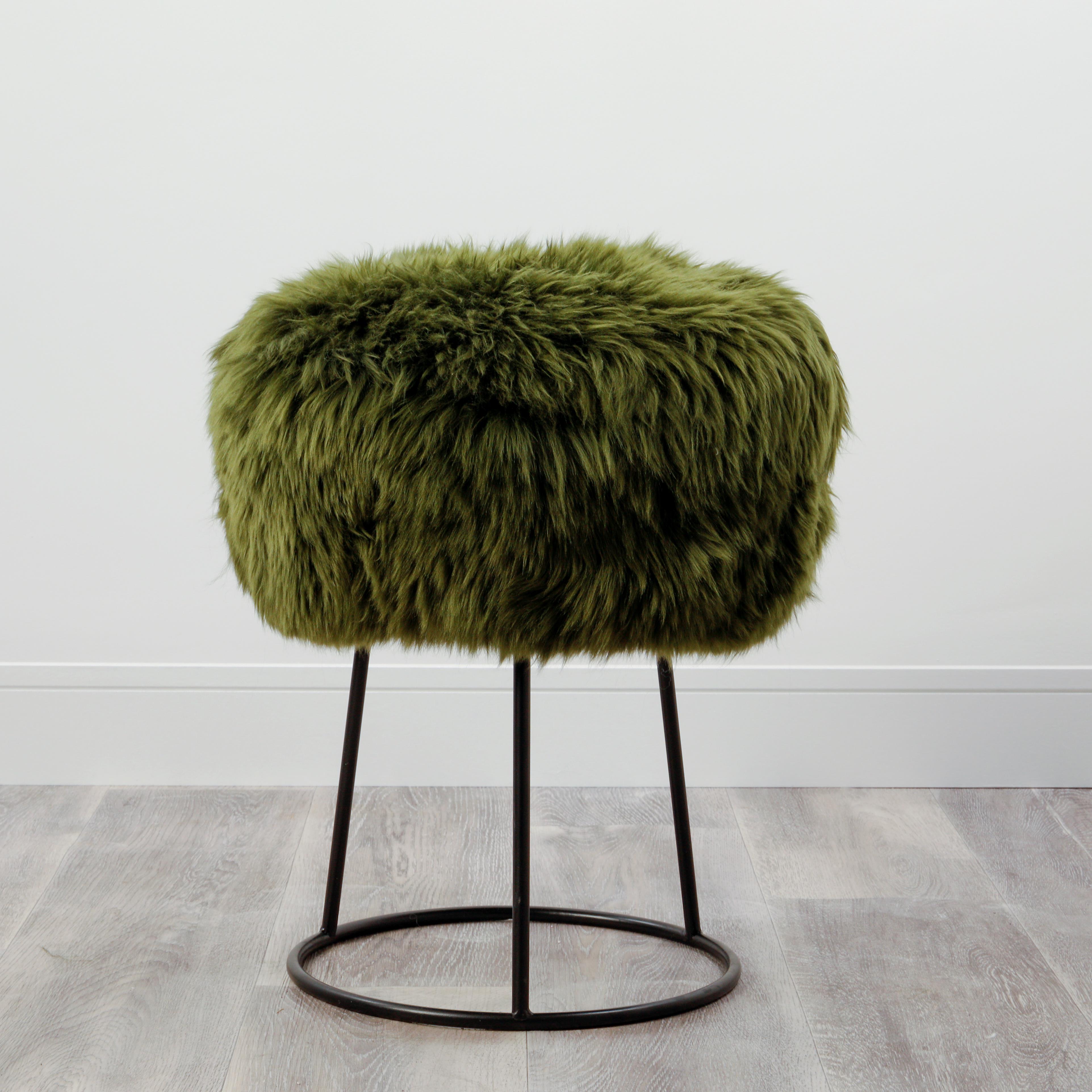 Olive Green Metal Sheepskin Stool