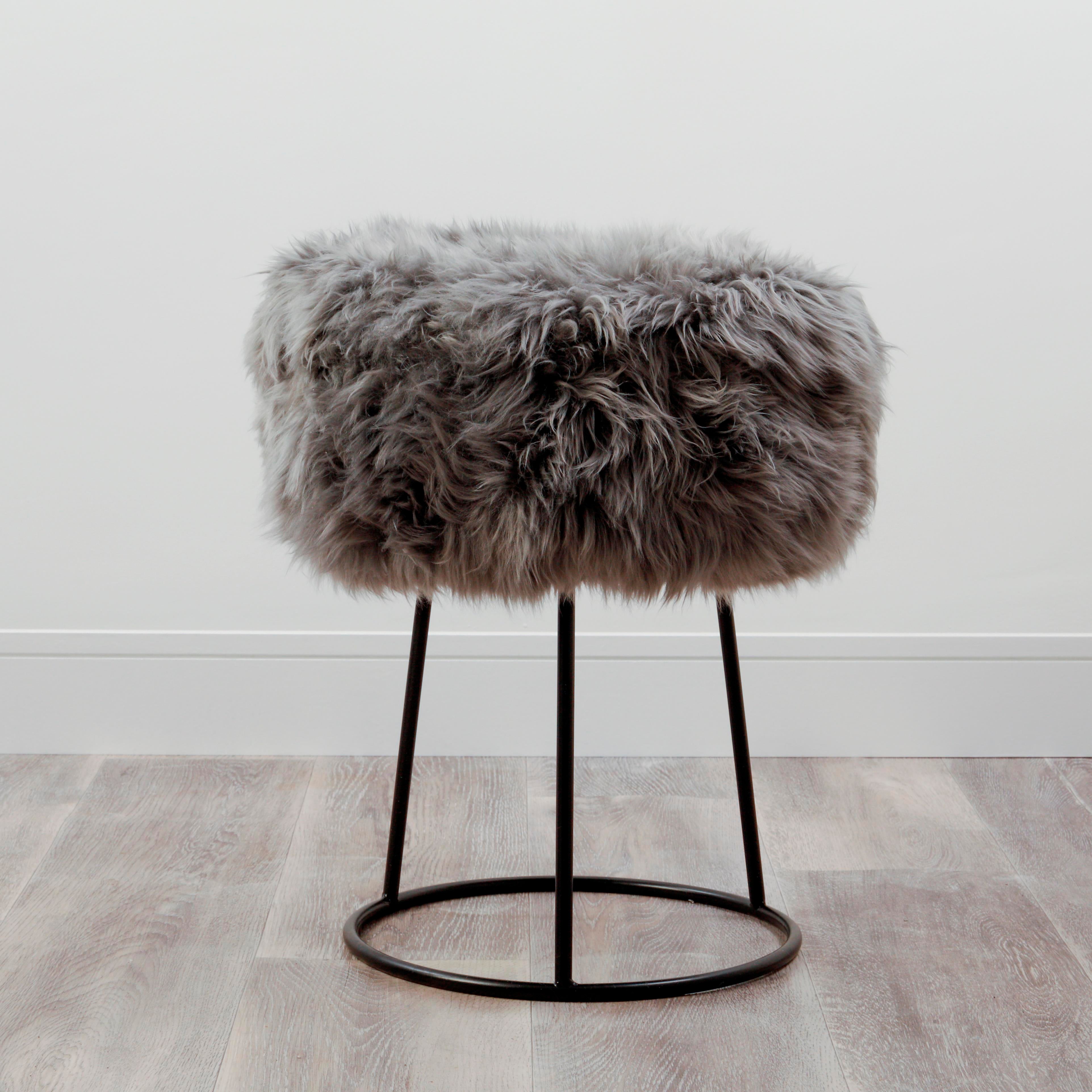 Grey Metal Sheepskin Stool