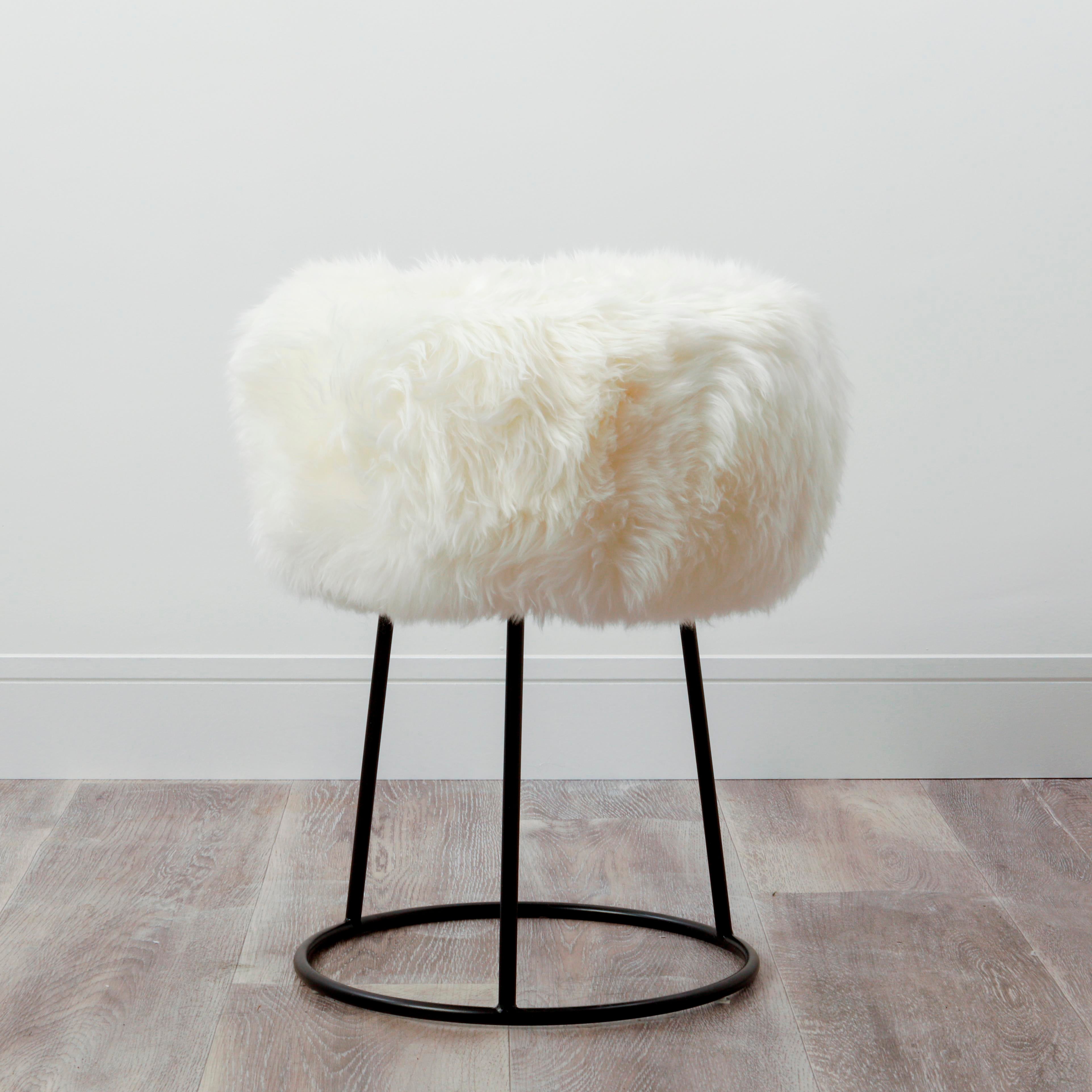 Natural White Metal Sheepskin Stool