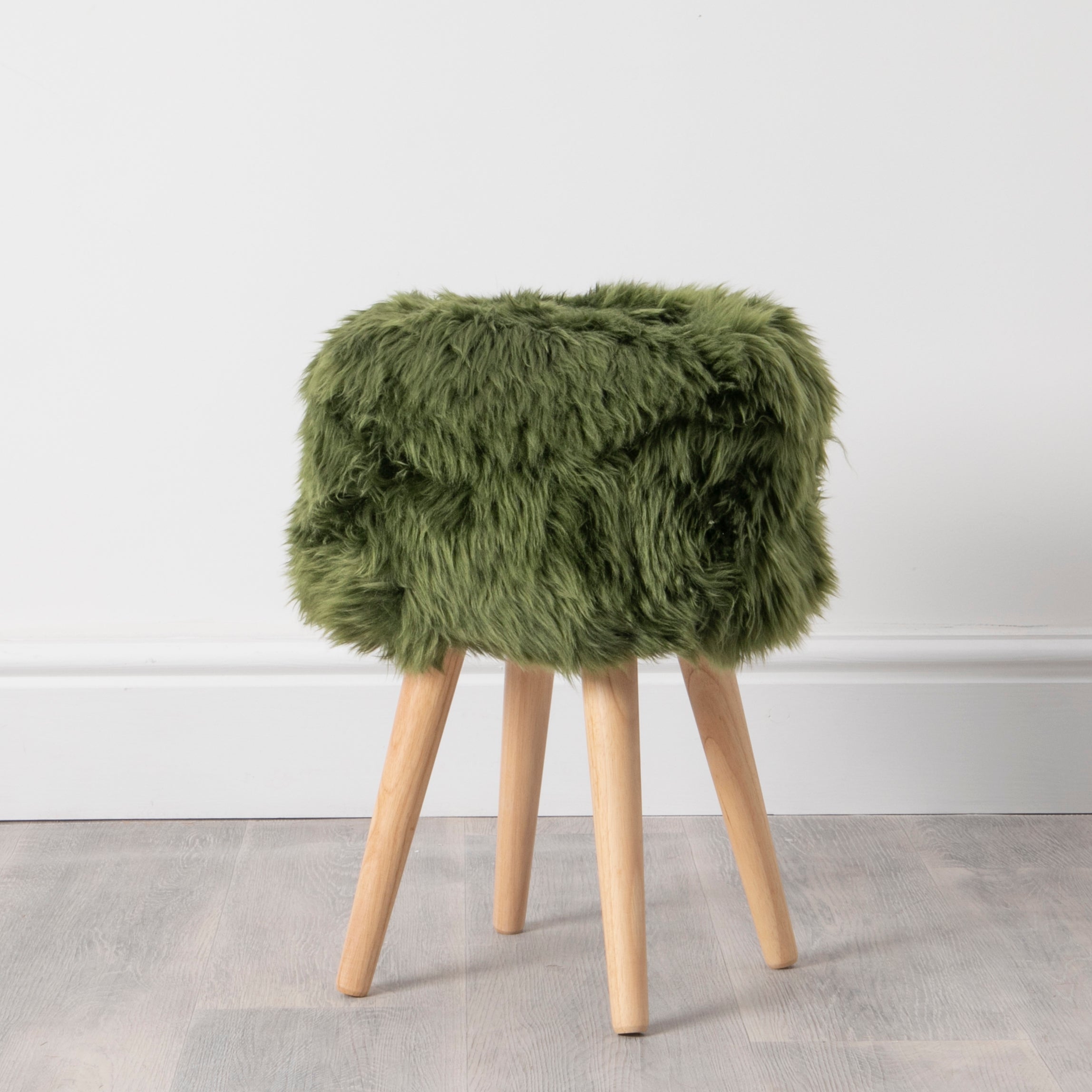 Olive Green Sheepskin Wood Stool - Light Wood