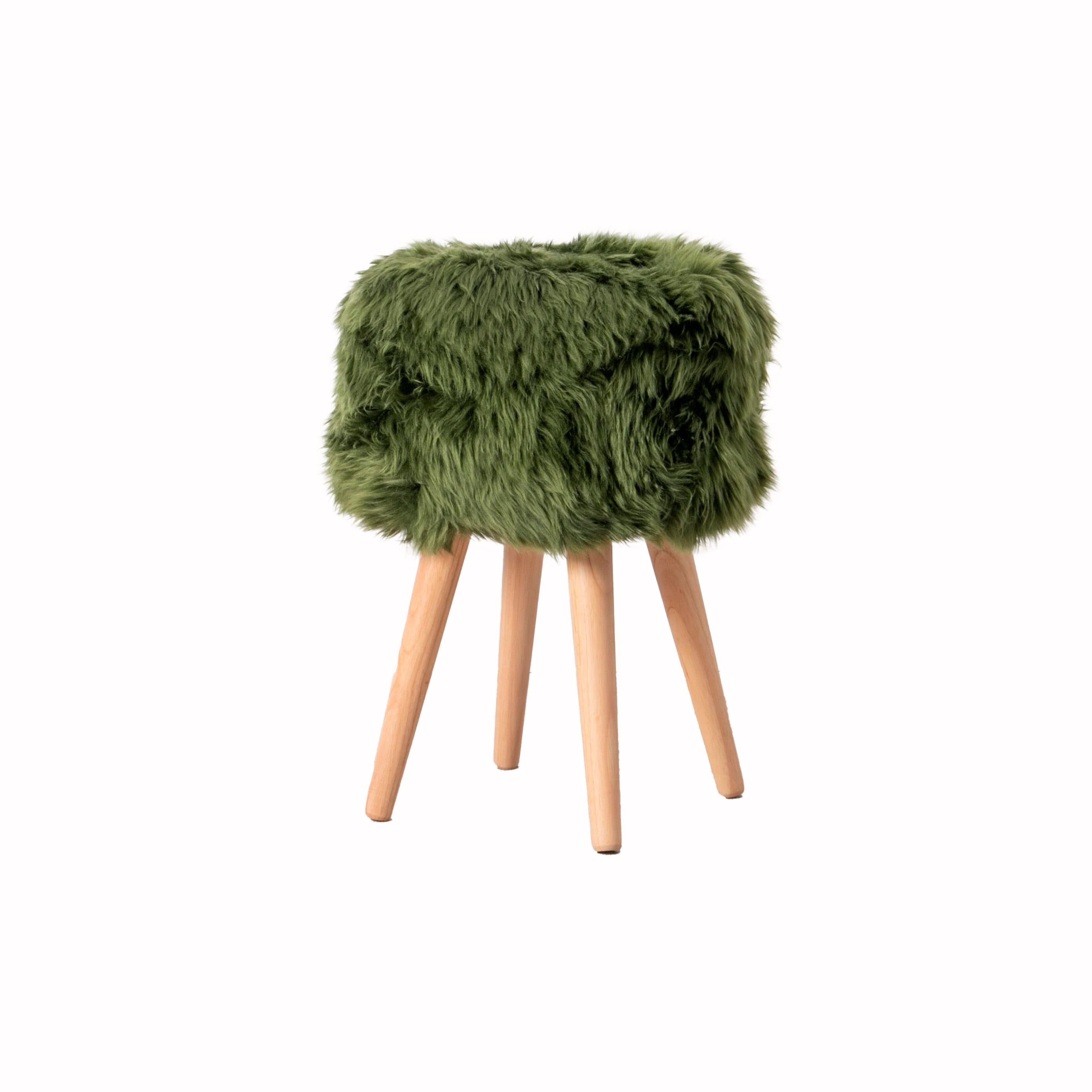 Olive Green Sheepskin Wood Stool - Light Wood