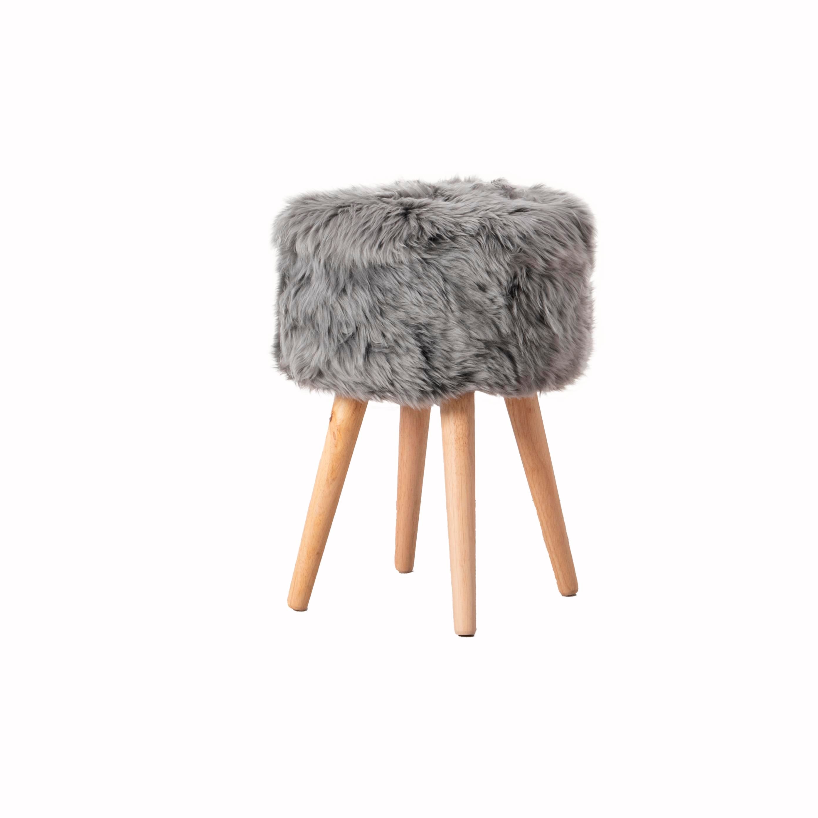 Grey Sheepskin Wood Stool - Light Wood