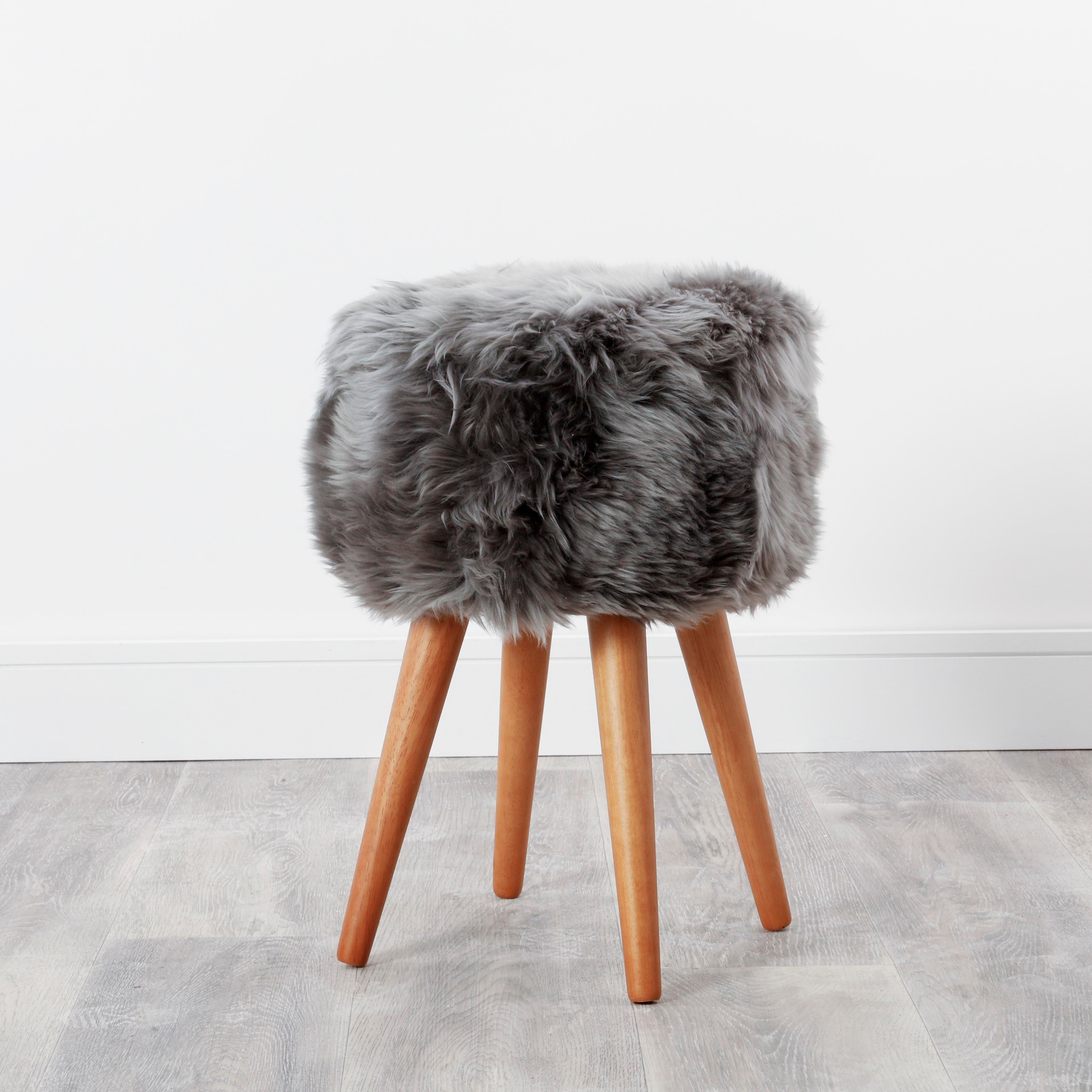 Grey Sheepskin Wood Stool - Woodstain