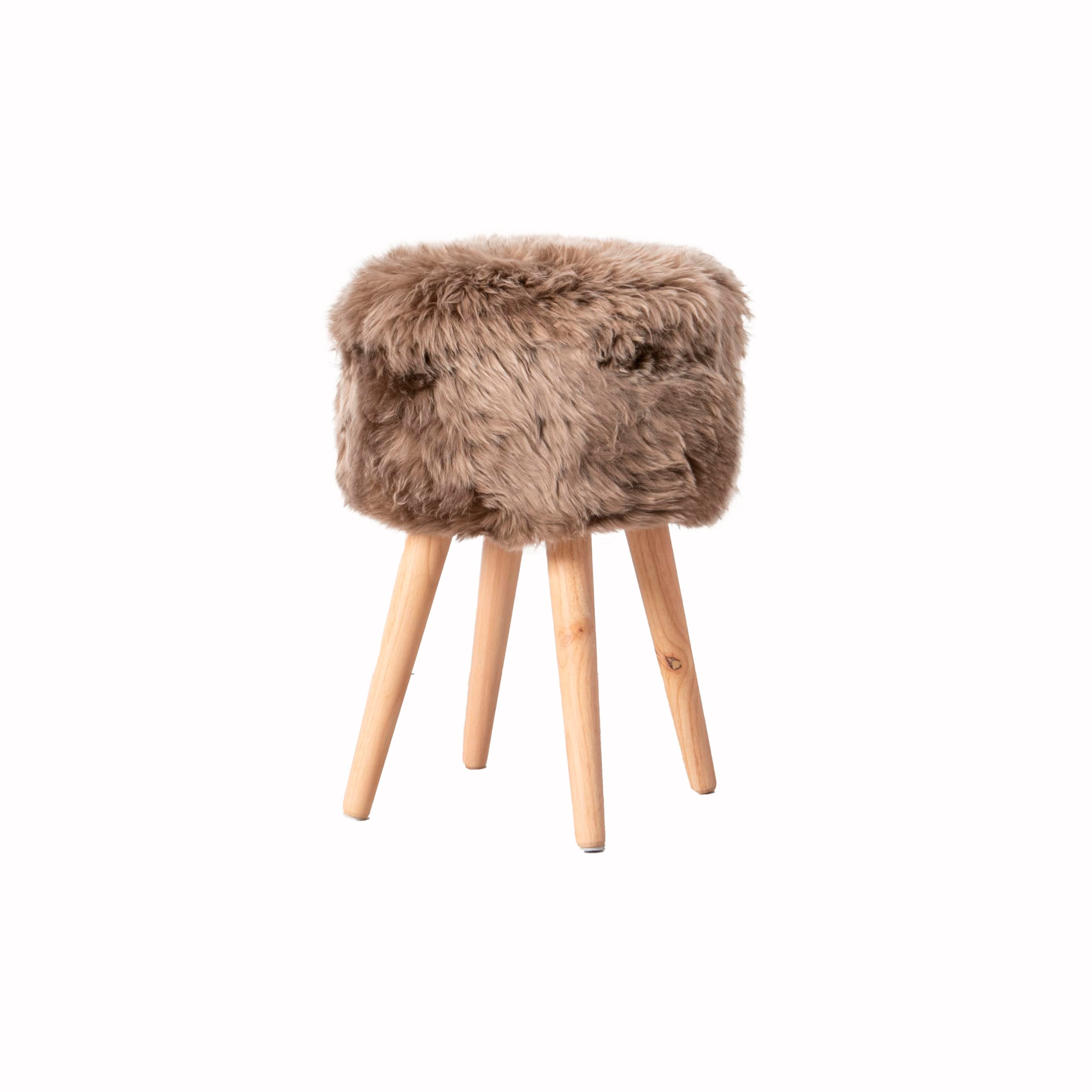 Light Brown Sheepskin Wood Stool - Light Wood