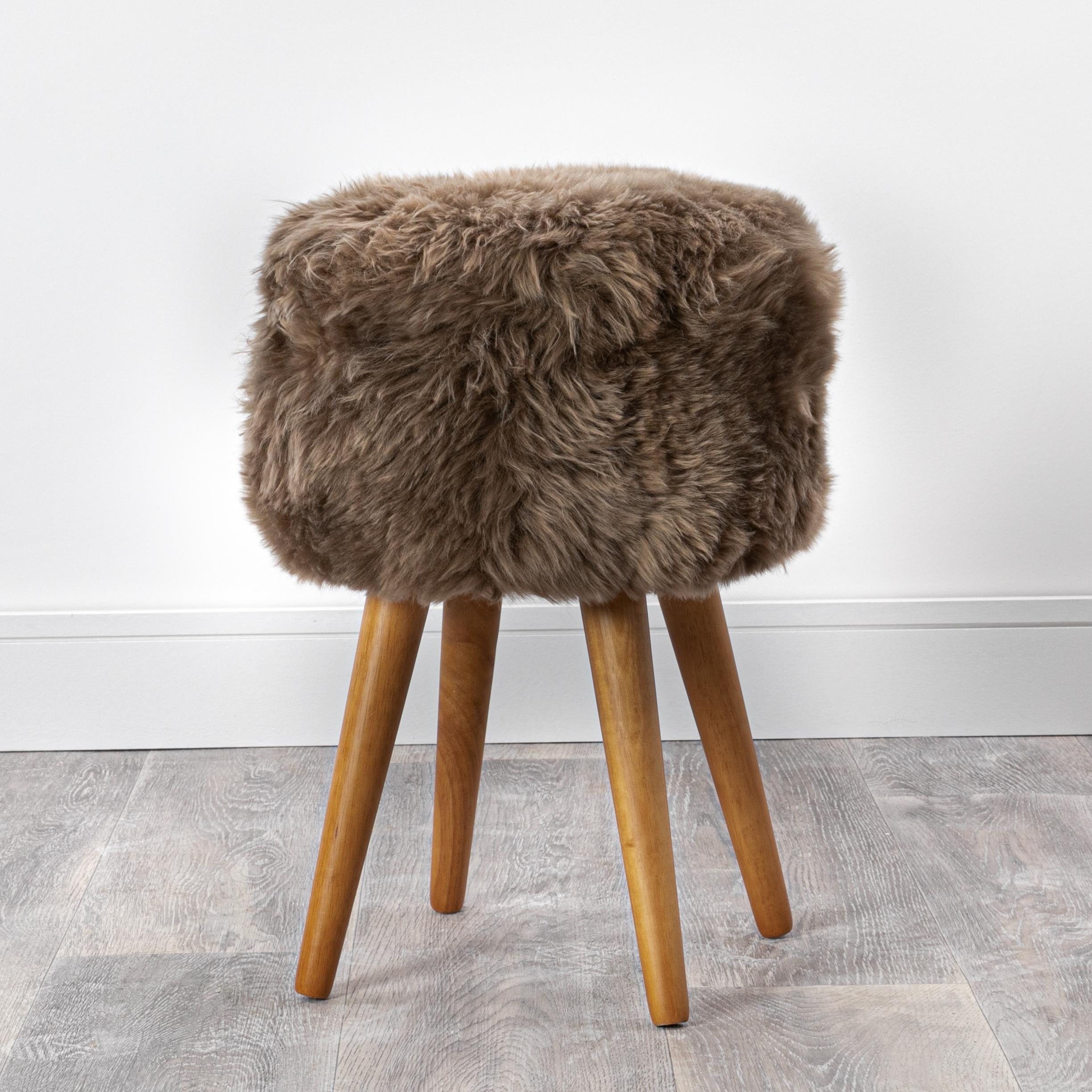 Light Brown Sheepskin Wood Stool - Woodstain