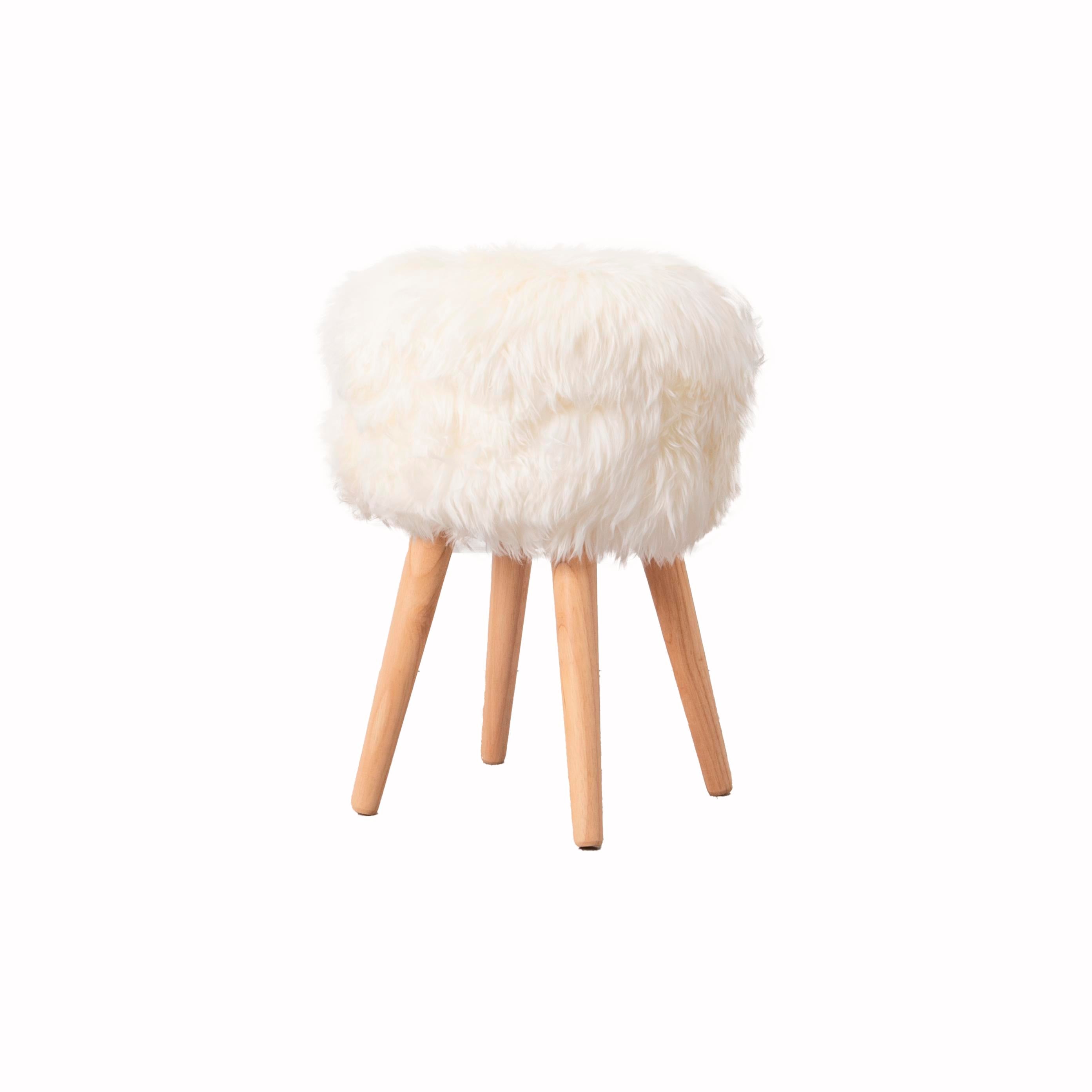Natural White Sheepskin Wood Stool - Light Wood