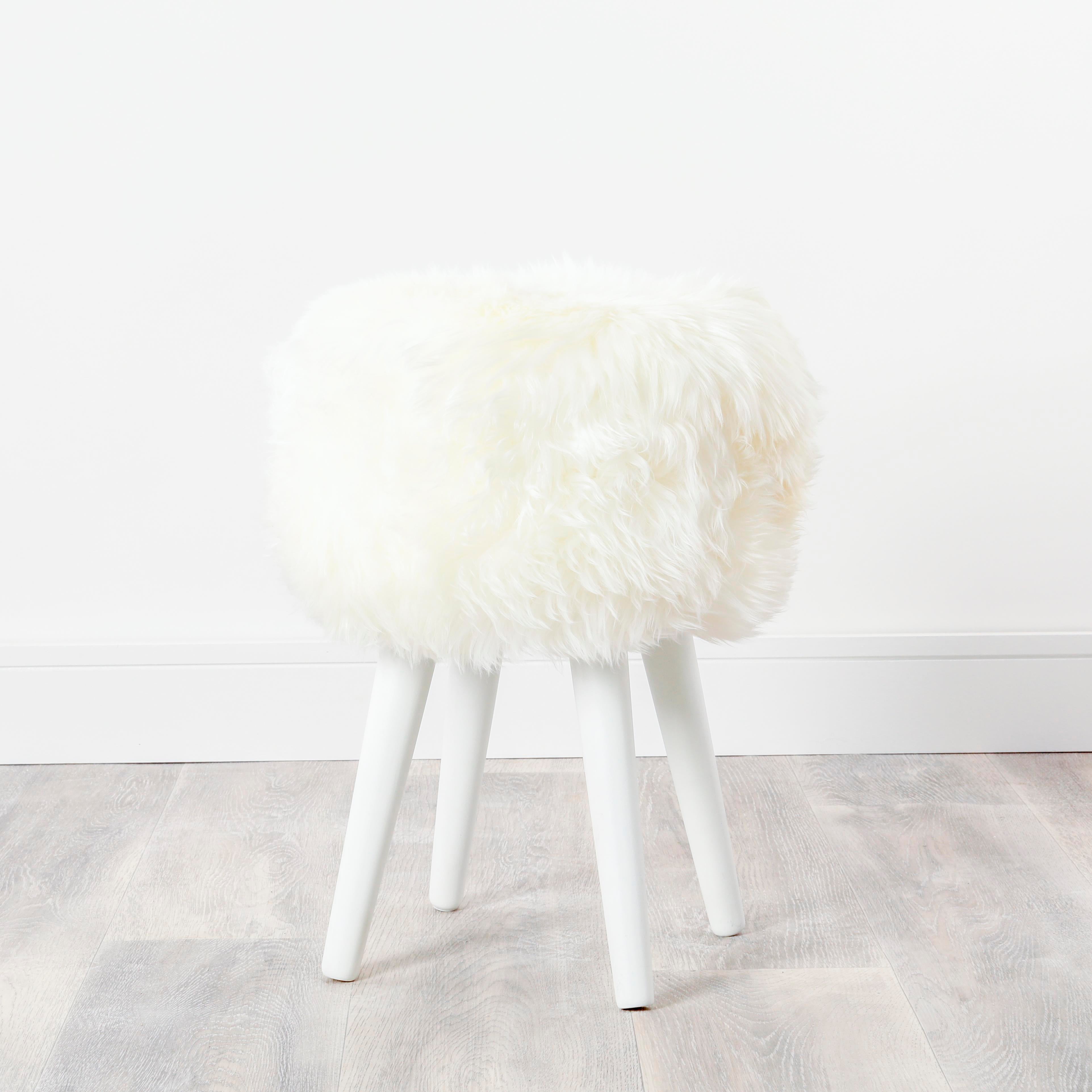 Natural White Sheepskin Wood Stool - White