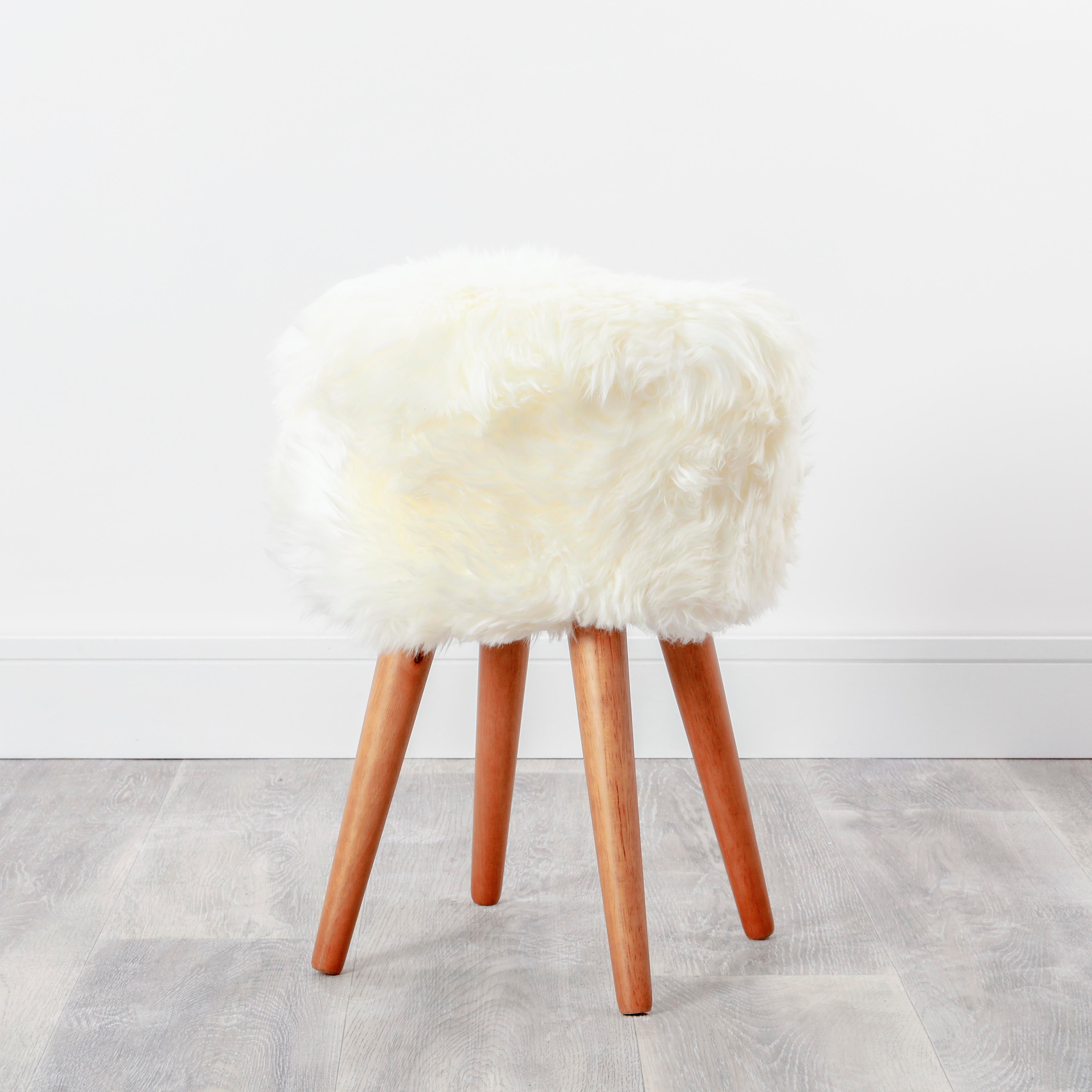 Natural White Sheepskin Wood Stool - Woodstain