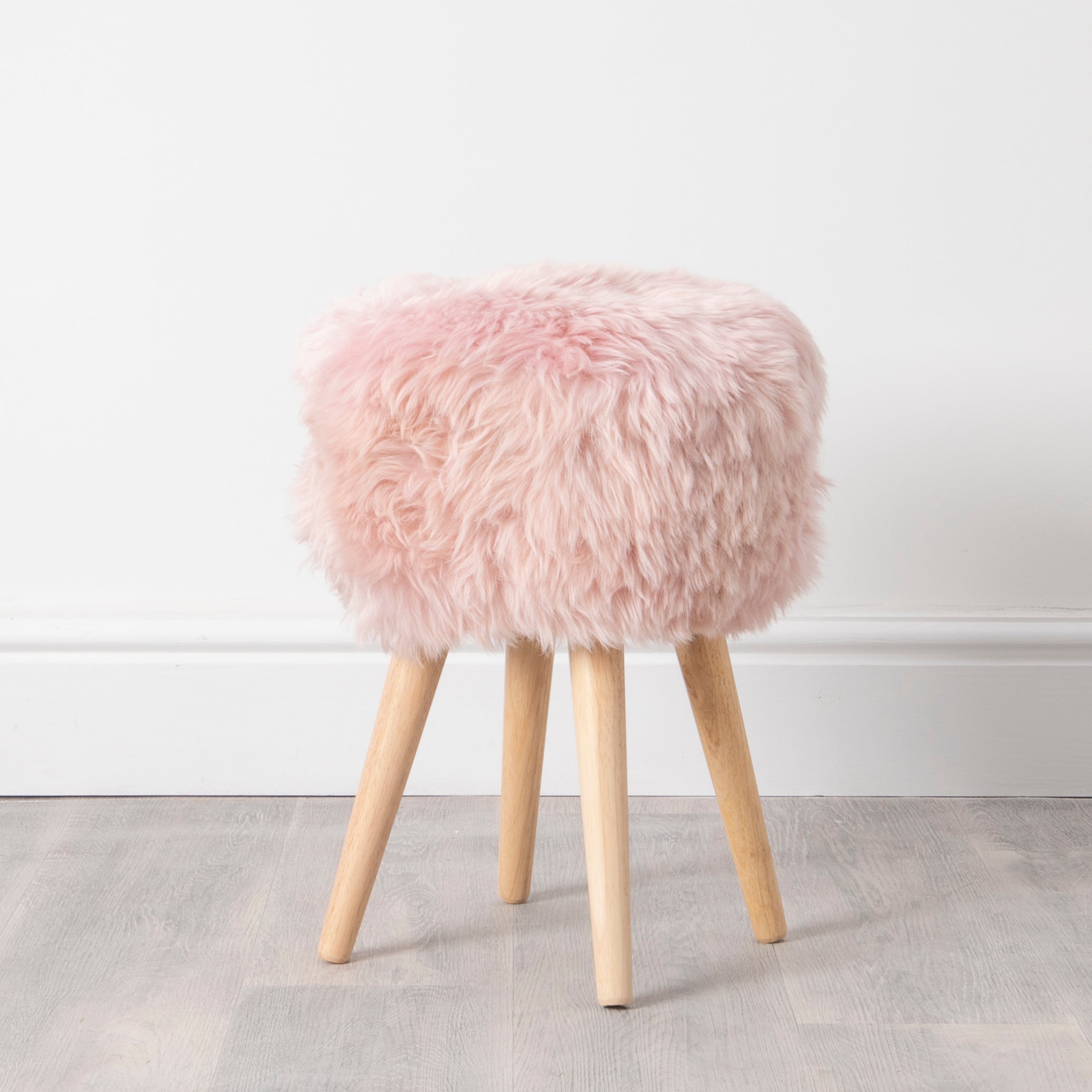 Blush Pink Sheepskin Wood Stool - Light Wood