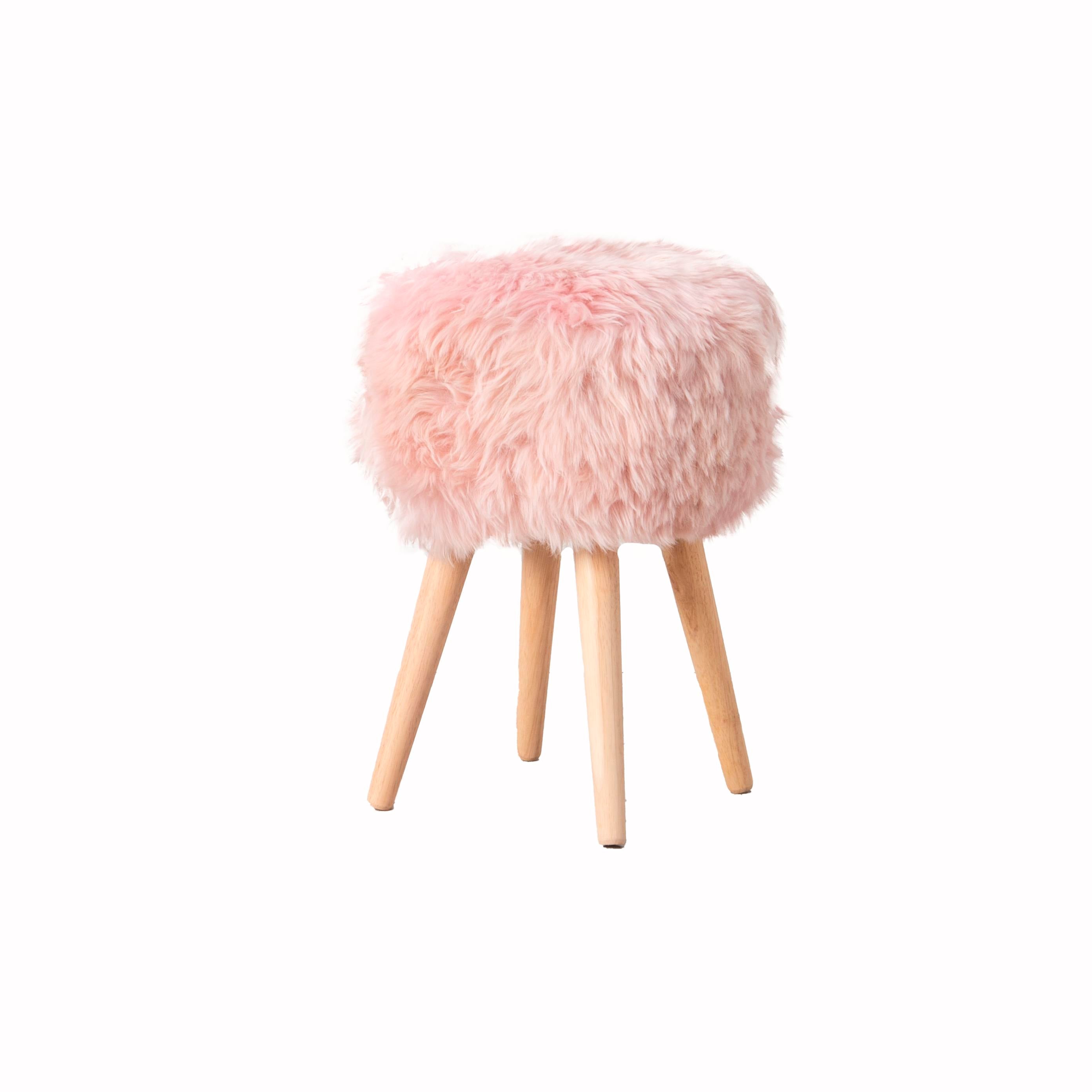 Blush Pink Sheepskin Wood Stool - Light Wood