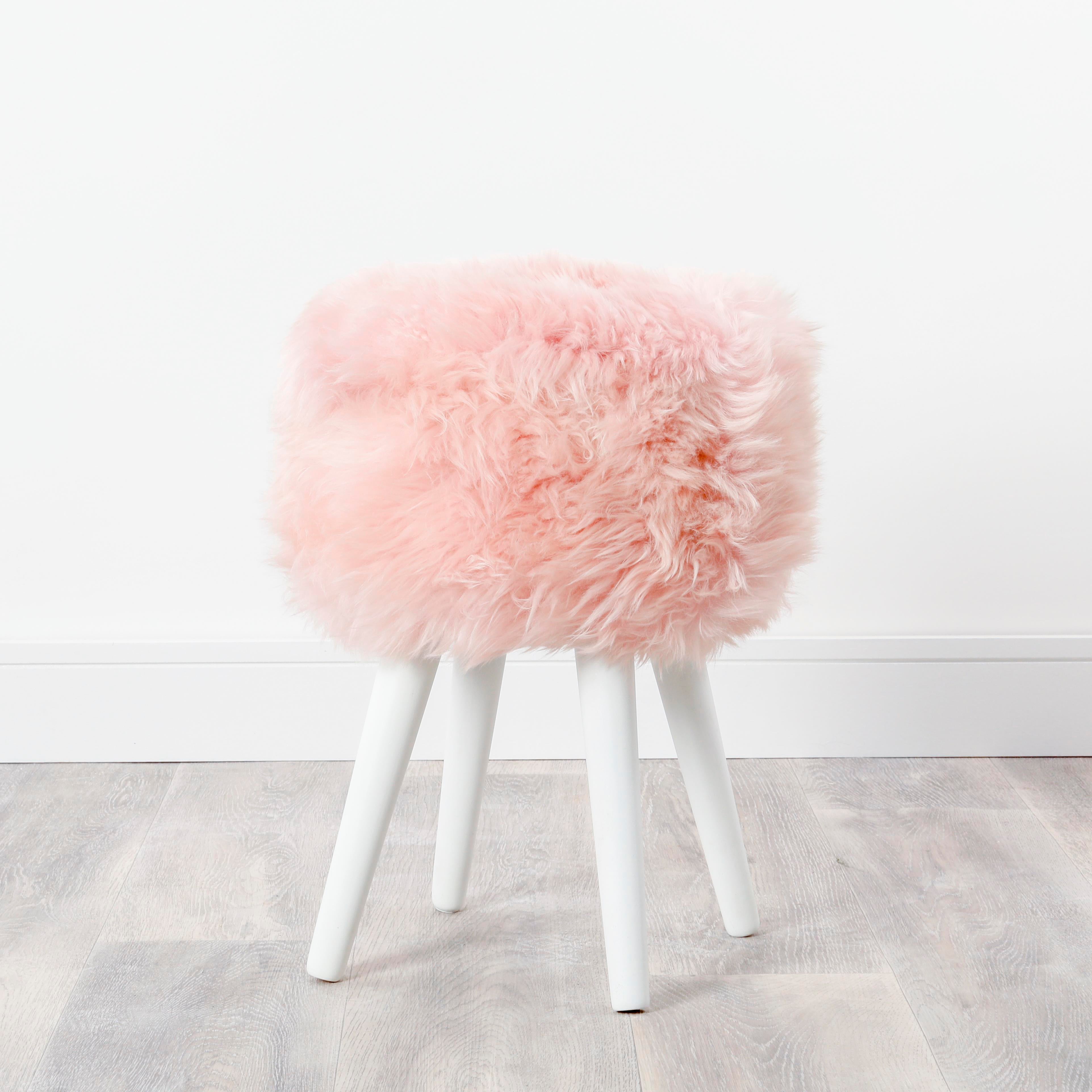 Blush Pink Sheepskin Wood Stool - White